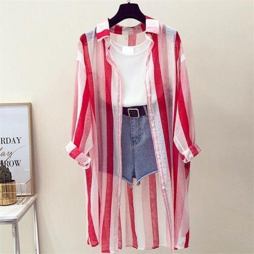 2019 Fashion Summer Loose Women Striped Cardigan Blouses Midi Long Lady Thin Sun Protection Clothing beach Shirts Holiday WZ794