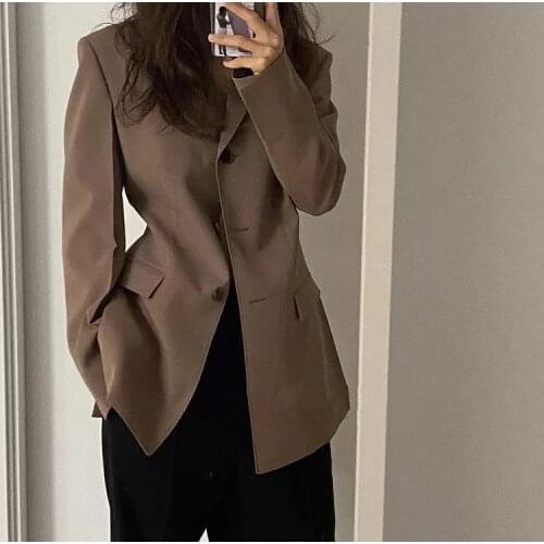 Women Coat 2021 Early Autumn Lapel Pocket Single-breasted All-match Long-sleeved Slim Ladies Slim Brown Suit