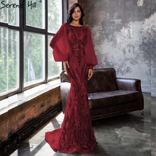 Serene Hill Mermaid Burgundy Evening Dress 2021 Sparkle Luxury Elegant Women Formal Party Wear Gown CLA70953