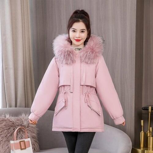 Winter Fur Collar Hooded Womens Cotton Padded Coat Solid Casual Down Cotton Jacket Female Warm Wool Liner Short Zipper Parkas
