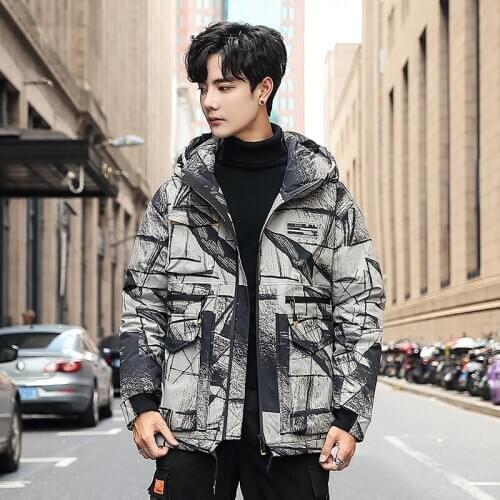 Winter Mens Hooded Down Jackets Fashion Korea Style Thick Warm White Duck Down Coats Man Printed Puffer Jacket Male JK-9812