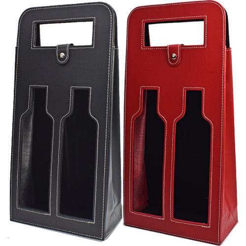 50pcs/lot Luxury Portable PU Leather Double Hollow-out Red Wine Bottle Tote Bag Packaging Case Gift Storage Boxes With Handle