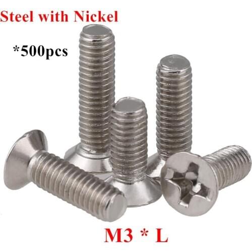 500pcs M3*L (4/5/6/7/8/9/10/12/14/16/20/25/30mm) Screws Flat Phillips head machine screw steel with nickel plated