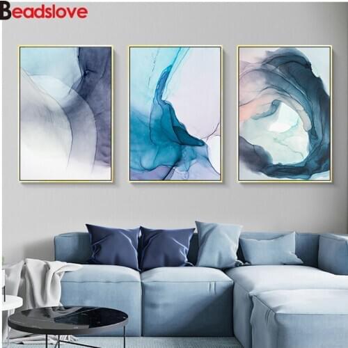 5d diy diamond Painting Full Watercolored Blue Ink Bloom Diamond embroidery Abstract art Pictures for Living Room 3pcs Decor