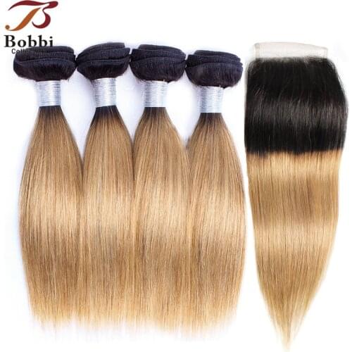 50g/pc 4/6 Bundles with 4x4 Lace Closure Straight Remy Human Hair Short Bob Style Ombre Honey Blonde Brown BOBBI COLLECTION