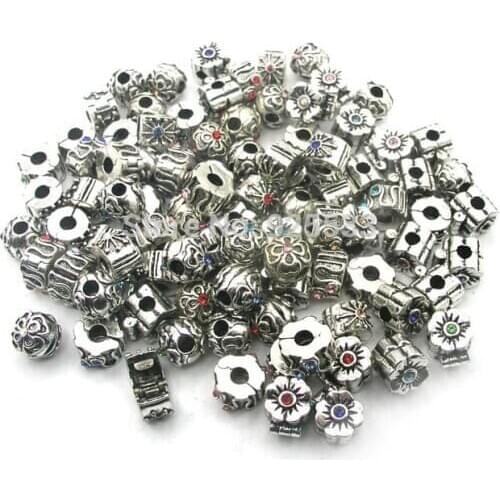 Free shipping 36pcs rhinestone antique silver plated copper stopper beads charms fit European Pandora bracelet DIY