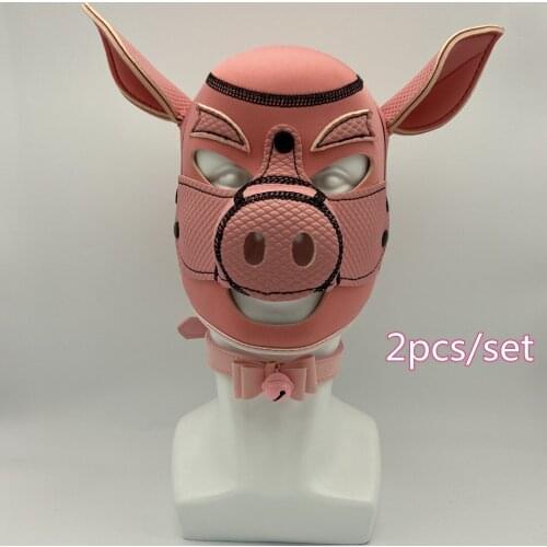 Fetish Cosplay Erotic Full Face Hood Accessory Cute Pink Pig Latex Rubber Mask with Ear for Bdsm Animal Roleplay Flirt Sex toys