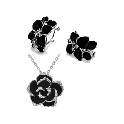 JS S058 Black Rose Flower Necklace Set High Quality Silver Jewelry Sets Nickel Free Necklace Earring Sets