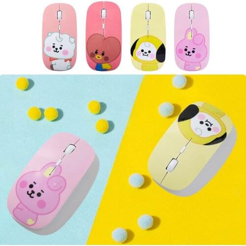 Qtittu Cute Cartoon BT 21 Wireless Mouse Home Office Computer Mouse 1200DPI USB Optical Ultra Thin Mice For PC Laptop Women