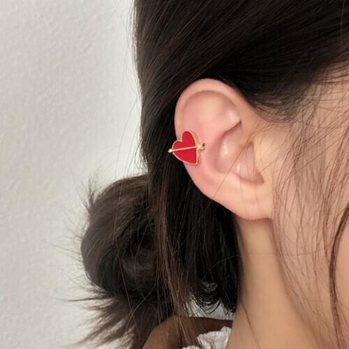 Sweet Loving Heart Earring Simple Temperament Red Earring Personality Drops Little Fair Maiden Ear Clip No Ear Hole