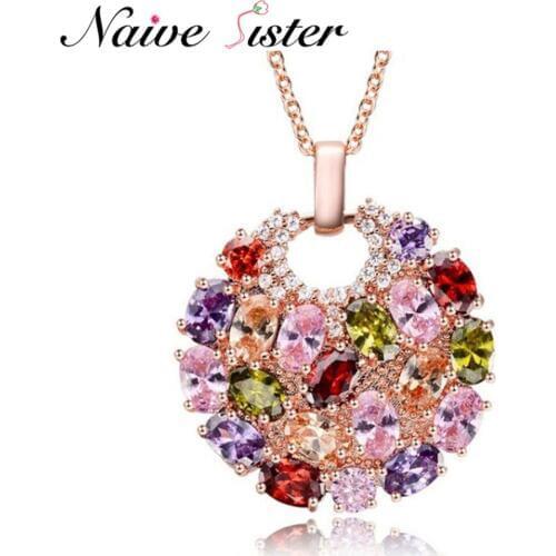 Trendy Mona Lisa Pendant Necklace Multicolor Cubic Zirconia Pendant Necklaces For Women Fashion Round Flower Long Jewelry Gift