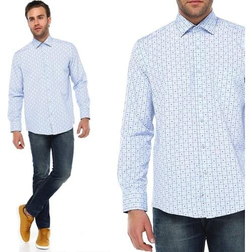 Blue Long Sleeve Mens Shirt Dot Plaid Button Down Shirt Men High Quality Regular Fit Spread Collar Made in Turkey varetta