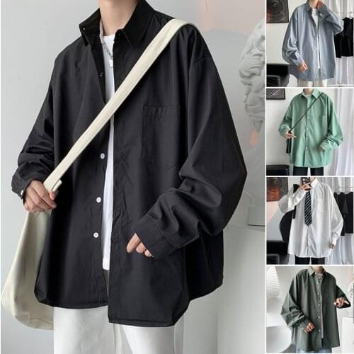 Spring Autumn Long Sleeve Men Shirt Korean Shirts Uniform Oversize Solid Color Harajuku 2021 New Mens Clothing