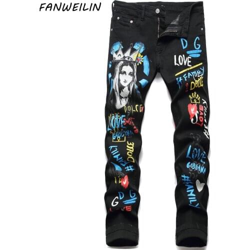 2021New Male Colored Drawing Printed Graffiti Men Jean Pants Mens Fashion Skinny Black Jeans Hip Hop Biker Jeans Pantalon Homme