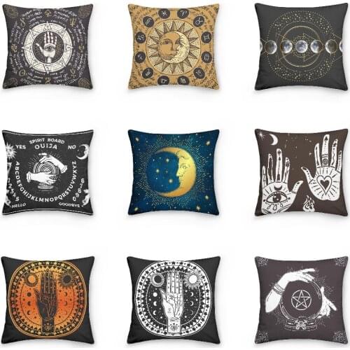 Mystical Divination Hand Print Pillow Cover Stars Moon And Sun Cushion Cover Psychedelic Style Pillowcases Bedroom Decor