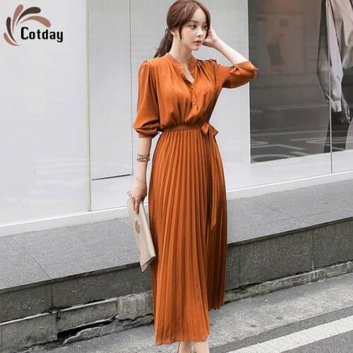 Cotday Single Breasted Casual Orange Female Long Vestidos Temperament Elegant Women Three Quarter Pleated Slim A-line Dresses
