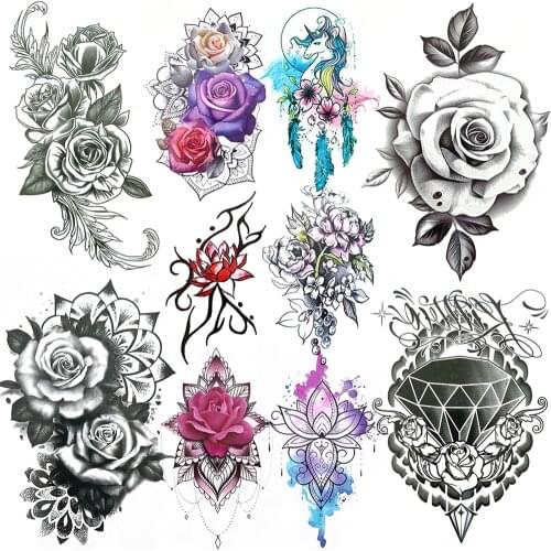 Fake Black Flower Temporary Tattoo For Women Girls Watercolor Rose Lotus Unicorn Tattoos Sticker DIY Diamond Transferable Tattoo