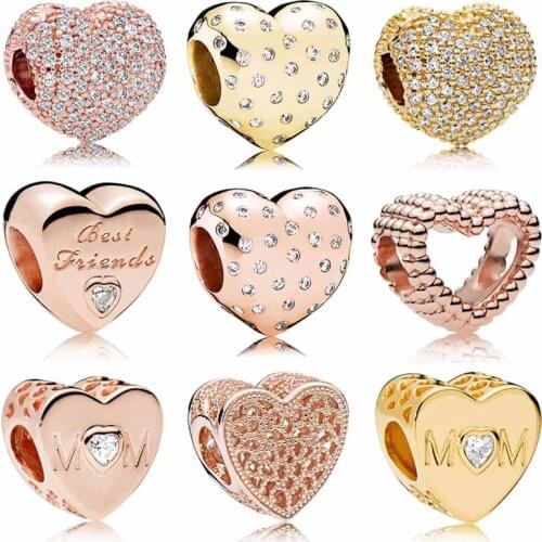 Rose Gold Color Shine Shimmering Beaded Open My Heart With Crystal 925 Sterling Silver Beads Fit Europe Bracelet DIY Jewelry