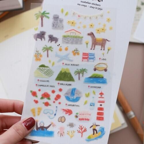 Suatelier stay in Jeju clear PET cutting dies stickers scrapbooking seabeach wave coco tree decorative sticker pack