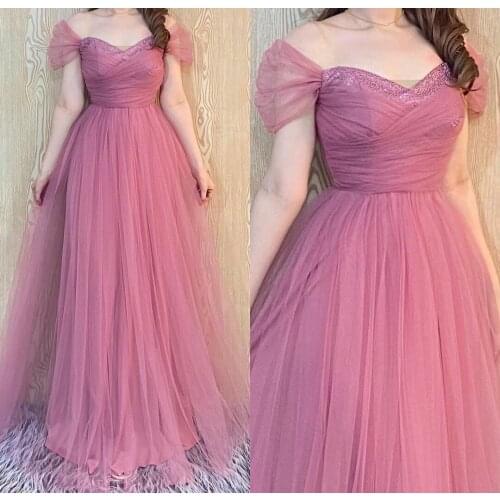 Long Pink A-Line Tulle Beaded Evening Dresses Floor Length Corset Back Pleated Red Abendkleider Formal Party Gowns for Women