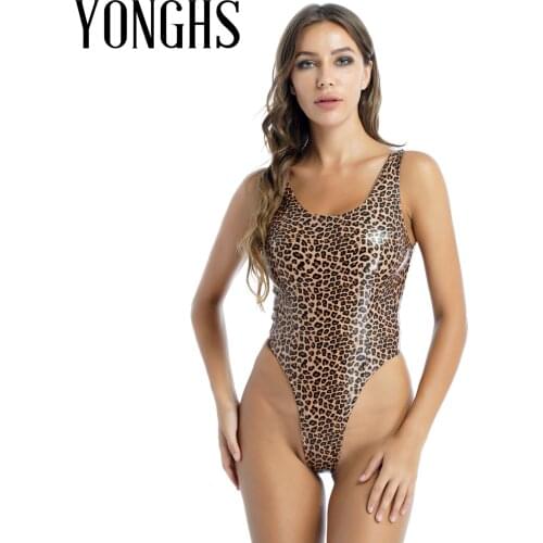 Womens Wet Look Lingerie Jumpsuit Leopard Print Patent Leather Bodycon Catsuit Sleeveless High Cut Skinny Sexy Leotard Bodysuit