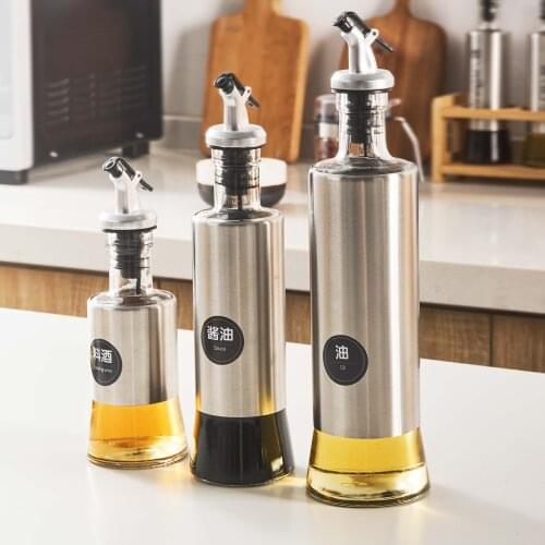 200ML/500ML Kitchen Glass Oil Bottle Stainless Steel Leak-proof Soy Sauce Vinegar Wine Dispenser With Free Funnel Kitchen Tools