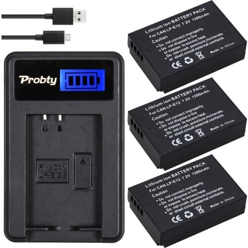 3Pcs PROBTY LP-E12 LP E12 LPE12 Battery + LCD USB Charger For Canon EOS M M2 100D Kiss X7 Rebel SL1 EOS M EOS M2 EOS 100D DSLR