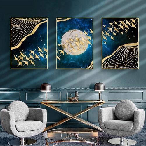 Abstract Moon Wall Art Canvas Painting Golden Mountain Bird Nordic Posters and Prints Wall Pictures for Living Room Home Decor