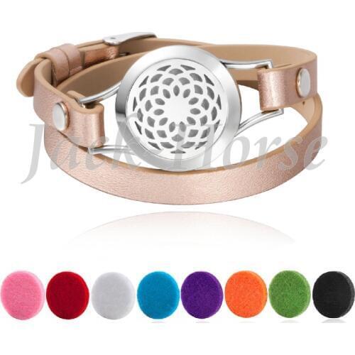Essential Oil Diffuser Bracelet, Lotus design Stainless Steel Aromatherapy Locket Bracelets Leather Band with 8 Color Pads