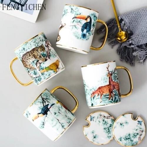 Elegant Animal Patterns Ceramic Coffee Tea Mugs Cup with Porcelain Lid and Gold Spoon Family Drinking Utensil Large Office Gift