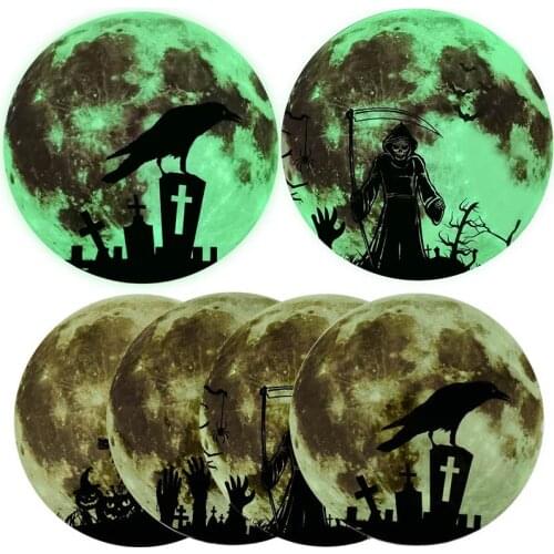 30cm Fluorescent Round Moon Stickers Luminous Pumkin Crow Grim Reaper Ghost Hand Patern Wall Sticker Halloween Decor Backdrop