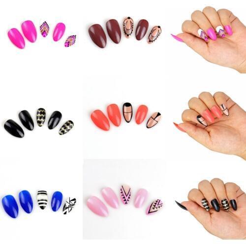 12Pcs Stiletto Nail Tips with Glue Full Cover Acrylic Artificial DIY False Nail Art Tips Creative Geometrical Nail Design Charms