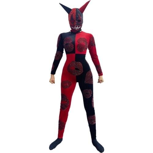 Halloween Costume Ghost Headgear Rhinestone Bodysuit For Men Women Festival Party Role-Play Clothes Dj Ds Gogo Costume VDB2626