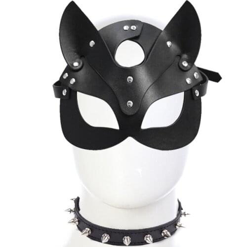 Porn Fetish Head Mask BDSM Bondage Sex Necklace SM Sex Toys Punk Style Neck Ring PU Leather Cat Halloween Mask Roleplay Sex Toys