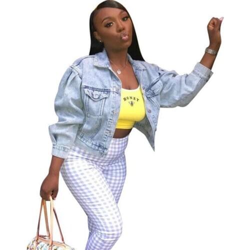 Plus Size Three Quarter Lantern Sleeve Jean Jacket 2XL Light Blue Bomber Short Denim Jackets Casual Bomber Denim Coat Ropa Mujer