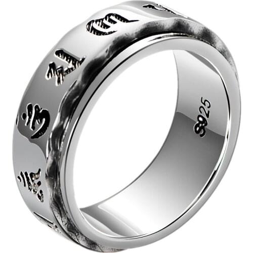 BOCAI 2021 New Real s925 Silver Jewelry Retro Six-character Mantra in Sanskrit Great Mantra Transit Trend Men and Women Ring