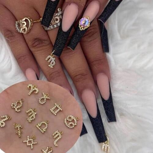 Nail Art Charm 3D Alloy Gold Constellation Letters Shape Crystal Dangle Charms Rhinestone Press On Tips Nails Decoration Supplie