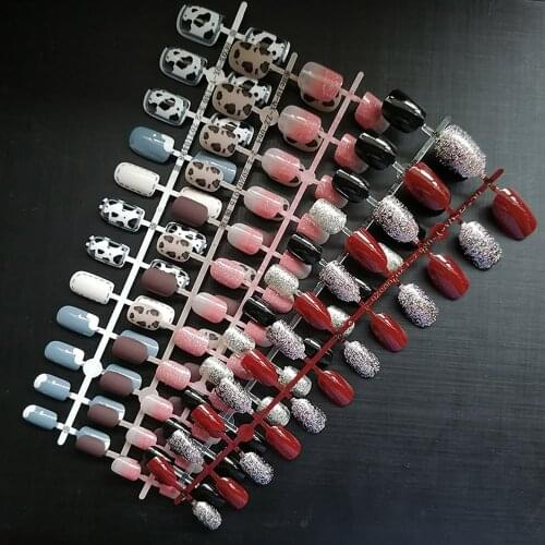 Leopard Cow Spots Glitter Pattern False Nail Short Square Head Ballerina Matte Full Cover Artificial Wearable Press On Fake Nail