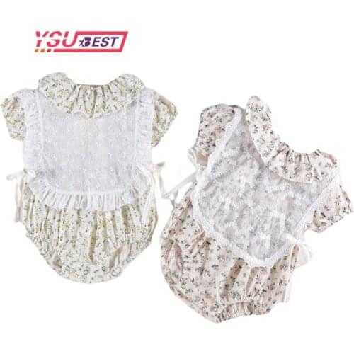 New 2020 Summer Baby Girls Clothes Rompers + Lace Vest 2pcs Baby Bodysuits Little Square Collar Toddler Girls Floral Jumpsuits