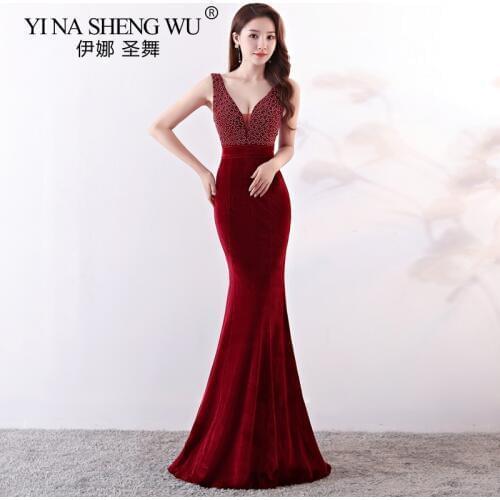 New Elegant Mermaid Long Dress Prom Reflective Long Velour V neck Beadings Formal Classy Banquet Dinner Sheath Gown Vestidos
