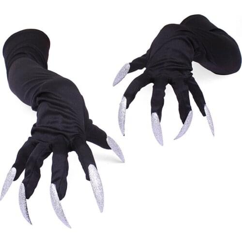 New Arrival 1 Pair Black Halloween Costume Gloves Attached Long Fingernails Best Gift