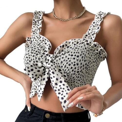 New Stylish Sexy Crop Top Polka Dot Ruffles Women Low Bandage Cut Shoulder Strap Open Front Vest for Party Streetwear