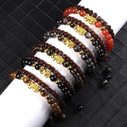 PIXIU Charm Bracelet 2PCS/SET Feng Shui Obsidian Agates Tiger Eye Natural Stone Braided Bracelets Wooden Wealth Lucky Bangles