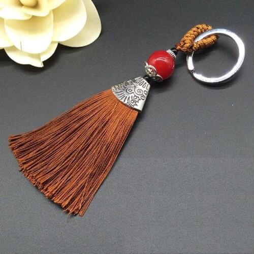 Wholesale 14cm Light Brown Tassel Charms Ice Silk Key Ring With Beads Pendant Key buckle Satin Tassels Jewelry Making 10pcs