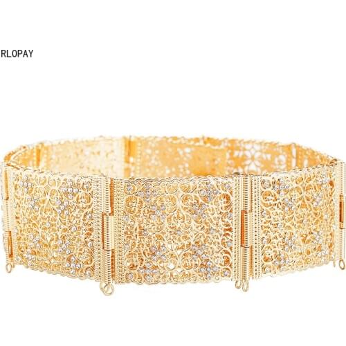 Luxury Full Rhinestone Bride Dress Belt Hollow Out Flower Metal Waist Chain In Gold Arabic Royal Wedding Sash Belts