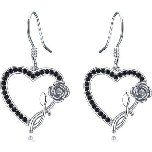 [Black Awn] 100% 925 Sterling Silver Earring Heart Black Spinel Anniversary Flower Drop Earrings for Women Fine Jewelry I154