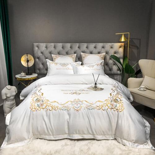 High Quality Palace Golden Embroidery Flowers White Wedding Princess Bedding Set Duvet Cover Bed Sheet Pillowcases King Queen