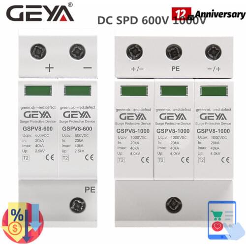 GEYA SPD DC 2P DC1000V/600V PV 2P 3P 40kA DC Surge Protector for Solar System Protection