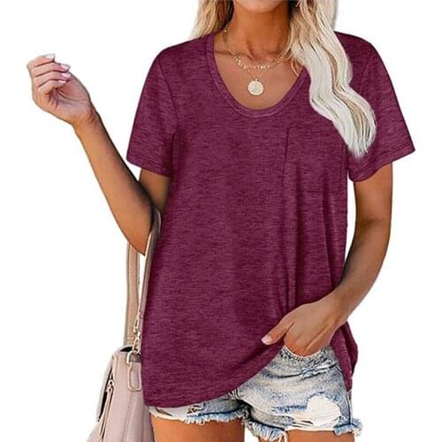 Loose Casual Solid Color Large Size Women T-Shirts Summer Tops Short Sleeve Pockets Female T-Shirt Streetwear V-Neck T- Shirts
