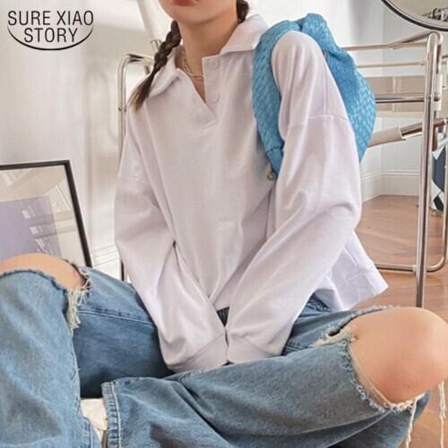 2021 Spring Women Loose Blouse White Pullover Solid Lapel Winter European and American Female Neckline Buttons Tops Shirts 11912